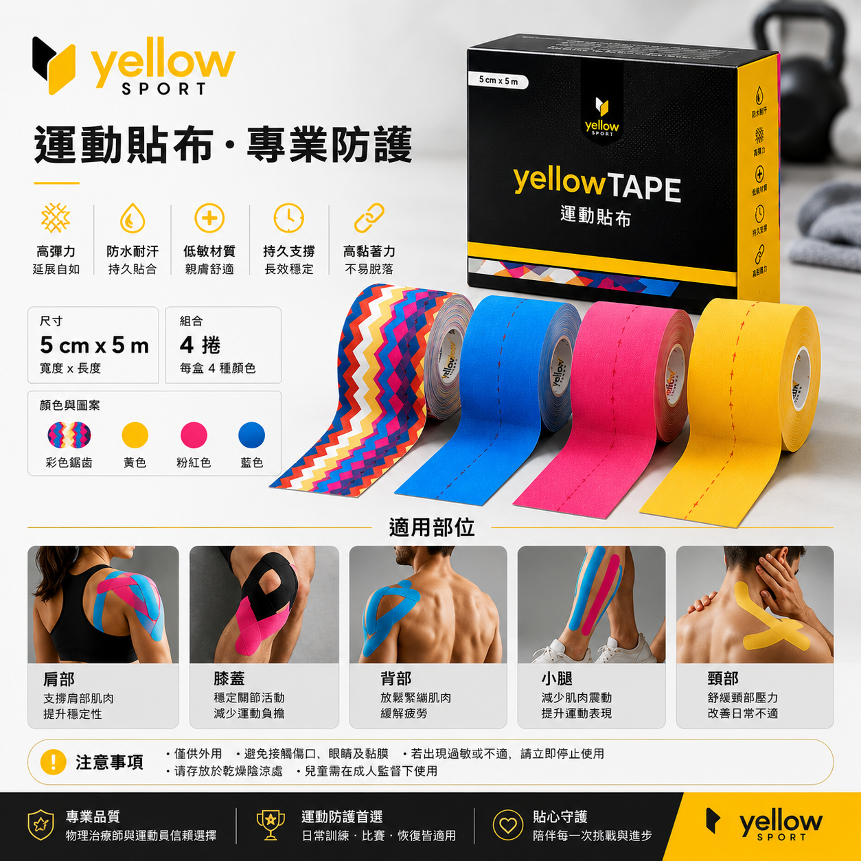 YellowSport Kinesiology Tape 5cm × 5m 4 Pack Set