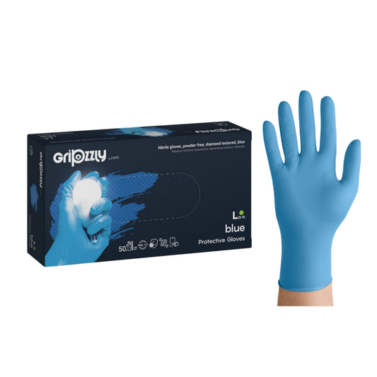 Gripzzly Industrial Nitrile Gloves 50pcs | Diamond Grip Anti-Slip (Blue M/L)
