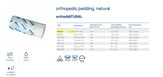 OrthoNATURAL ON-63 Orthopedic Cotton | 6cm x 3m | Special padding for plaster casts | Breathable, non-absorbent, and hypoallergenic | Suitable for pressure therapy and plaster cast care | Made in Europe | 12 rolls per pack