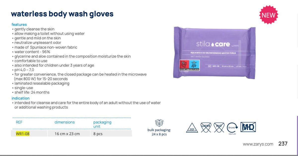 StilaCare 無水潔膚手套(8入裝)|免沖洗潔身濕手套 微波加熱可用 含甘油蘆薈 適合臥床病患與長者照護 ZARYS|免水擦澡手套、潔膚濕手套、護理洗身手套、微波加熱濕巾、ZARYS照護用品、