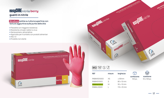 easyCARE 莓紅色丁腈檢查手套(中碼 M)|無粉無乳膠|食品級防護手套|一次性醫療與清潔用途|歐洲製造 AQL1.0 認證|一次性丁晴手套|100隻/盒