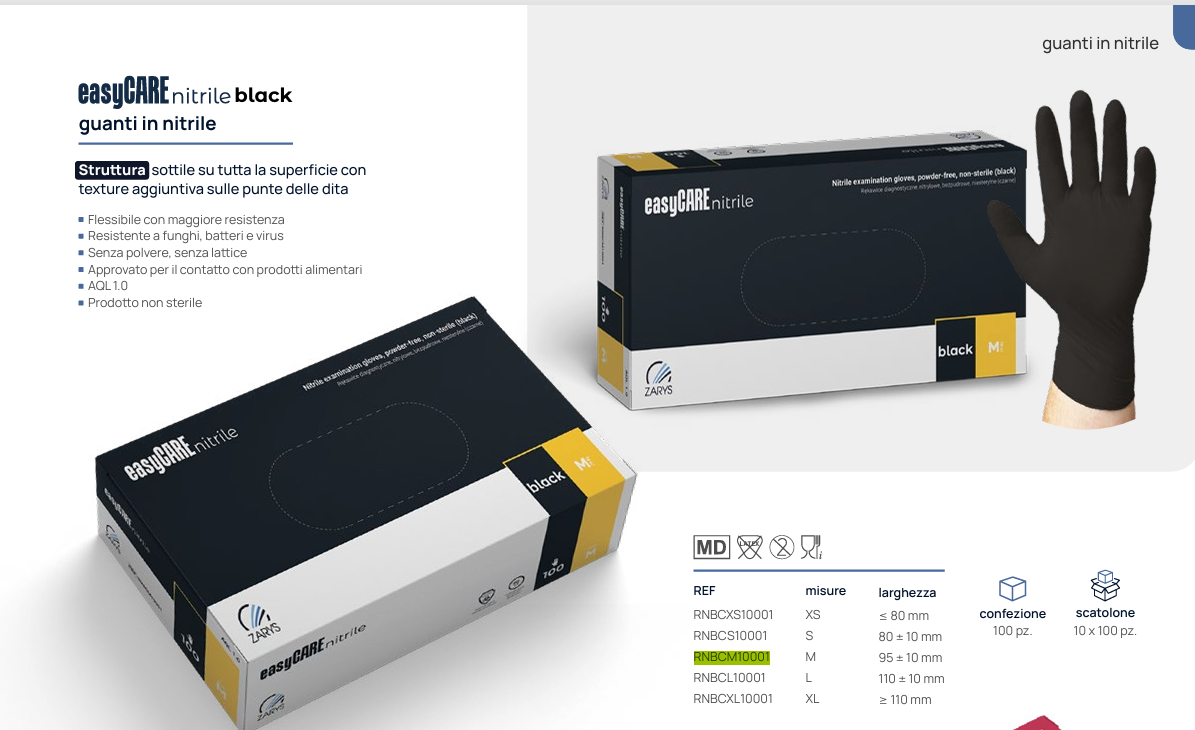 easyCARE 黑色丁腈檢查手套(中碼 M)|無粉無乳膠|一次性手套|食品接觸用|抗菌抗病毒手套|歐洲製造|AQL1.0國際標準|一次性丁晴手套|每盒100隻
