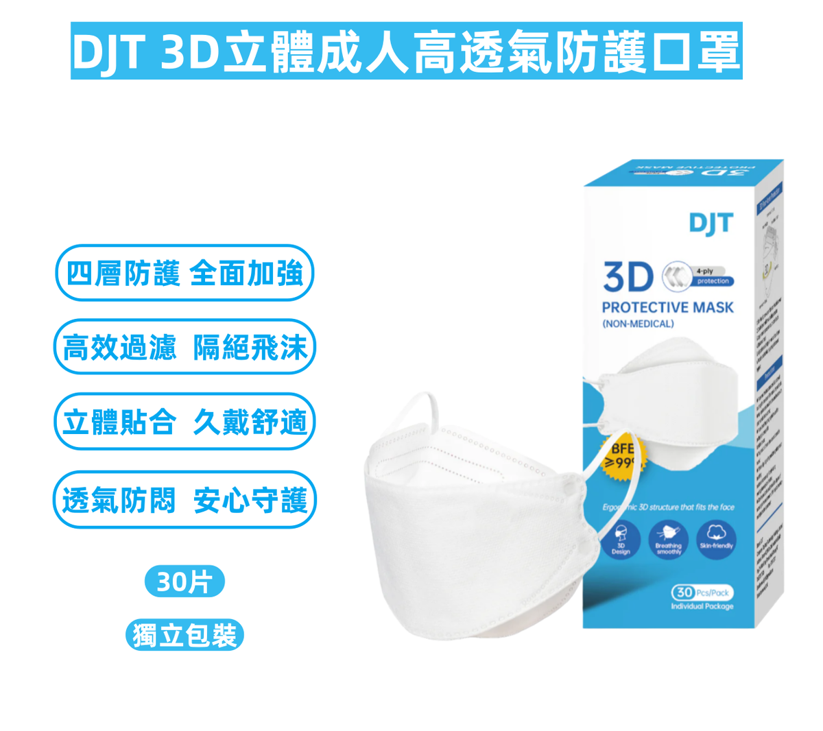 DJT 3D立體成人高透氣防護口罩(30個/獨立包裝/白色)|四層防護|防病毒/花粉/飛沫|符合 GB2626-2019 標準|舒適貼合設計|高透氣成人口罩|四層防護口罩|防PM2.5飛沫花粉