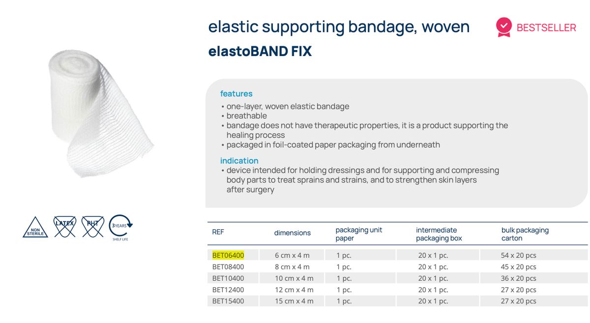 elastoBAND FIX 彈性支持繃帶 6cm x 4m|透氣彈性包紮繃帶|術後固定|非無菌|關節支撐|醫療護理專用歐盟製產品|20卷/盒