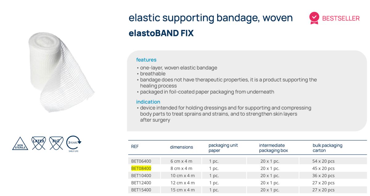 elastoBAND FIX 彈性支持繃帶 8cm x 4m|透氣彈性包紮繃帶|術後固定|非無菌|關節支撐|醫療護理專用歐盟製產品|20卷/盒