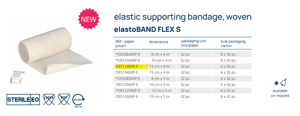 elastoBAND FLEX S 彈性繃帶 OES12400P-E|12cm x 4m|EO滅菌版獨立包裝|術後敷料固定支撐繃帶|無乳膠高彈力透氣包紮繃帶|歐洲製造|1卷