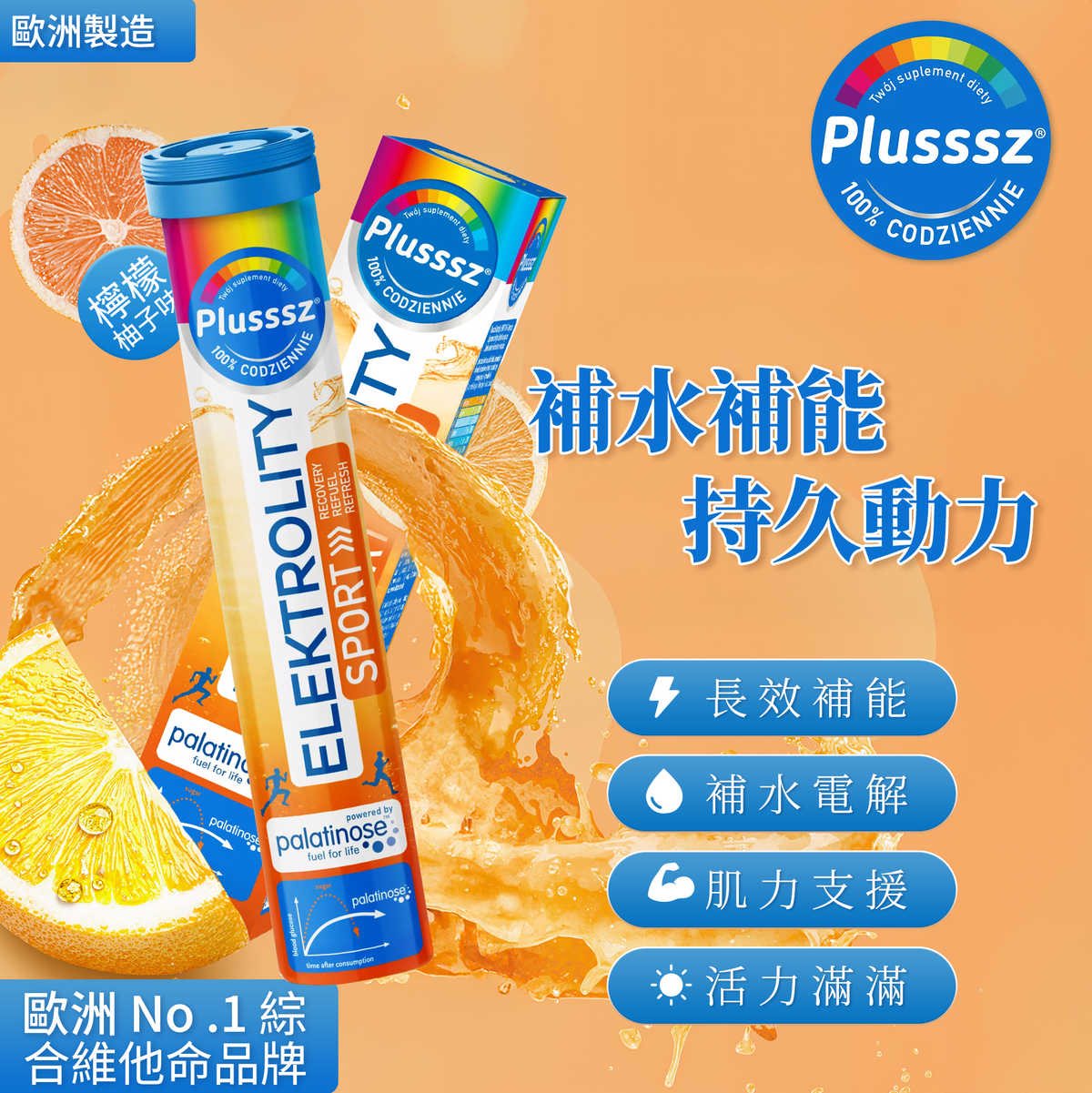 普樂適 電解質運動綜合營養水溶片(檸檬柚子味)|歐洲製造・專為運動族群設計・添加Palatinose™緩釋碳水+膠原蛋白+維他命C+7種電解質・長效補水補能・維持肌肉與骨骼健康・促進體力恢復與免疫防護