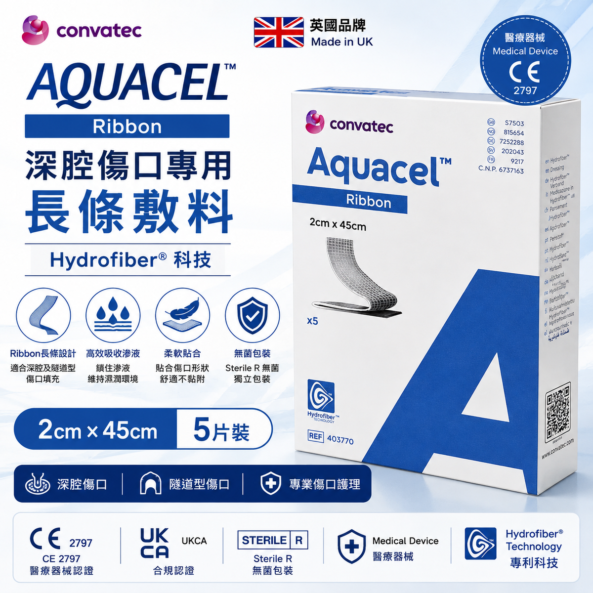 ConvaTec AQUACEL Ribbon Hydrofiber 條狀傷口敷料|2×45cm 5片