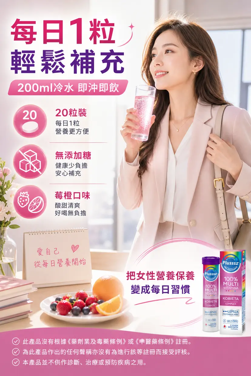 PLUSSSZ 女士綜合維他命水溶片 覆盆子橙味 20片裝產品資料圖 6