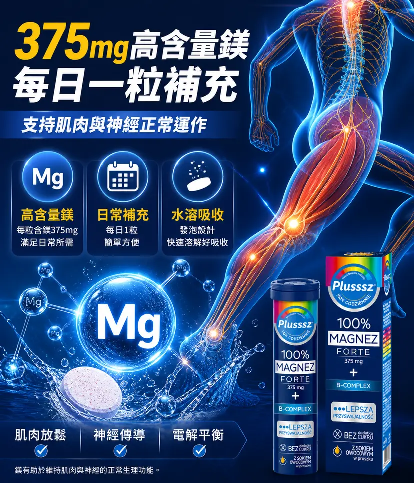 PLUSSSZ Magnesium Forte 鎂375mg＋維他命B群水溶片 橙子西柚味 20片裝產品資料圖 3