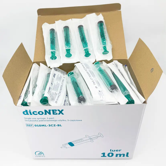 dicoNEX 醫療級三部分一次性注射器 10ml｜Luer Slip 魯爾接口｜綠色柱塞｜EO 滅菌