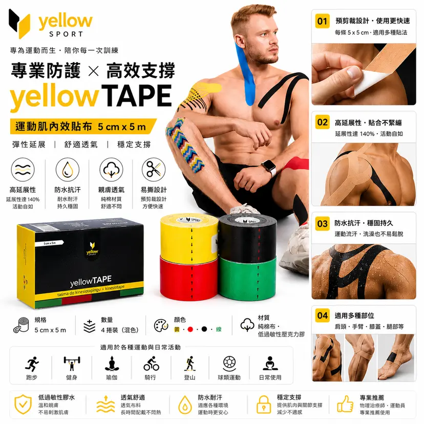 YellowSport Kinesiology Tape 5cm × 5m 4 Pack Set