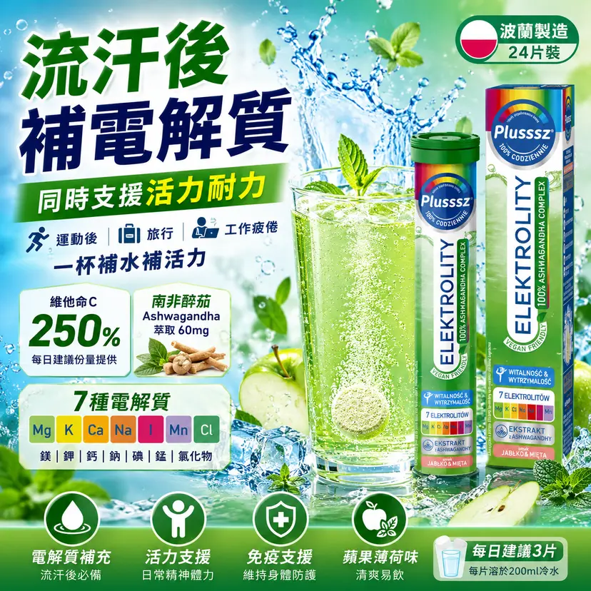 PLUSSSZ 電解質＋Ashwagandha Complex 水溶片 蘋果薄荷味 24片裝主圖