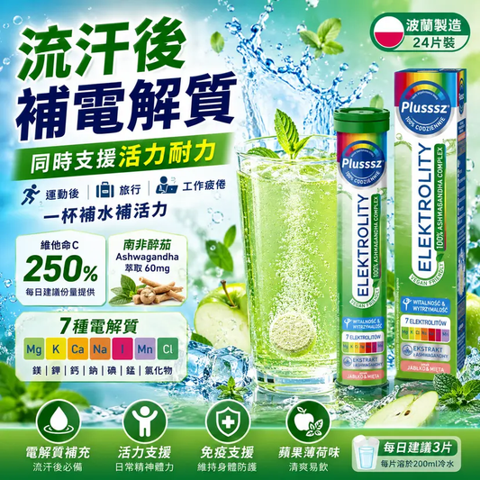 PLUSSSZ 電解質＋Ashwagandha Complex 水溶片 蘋果薄荷味 24片裝主圖