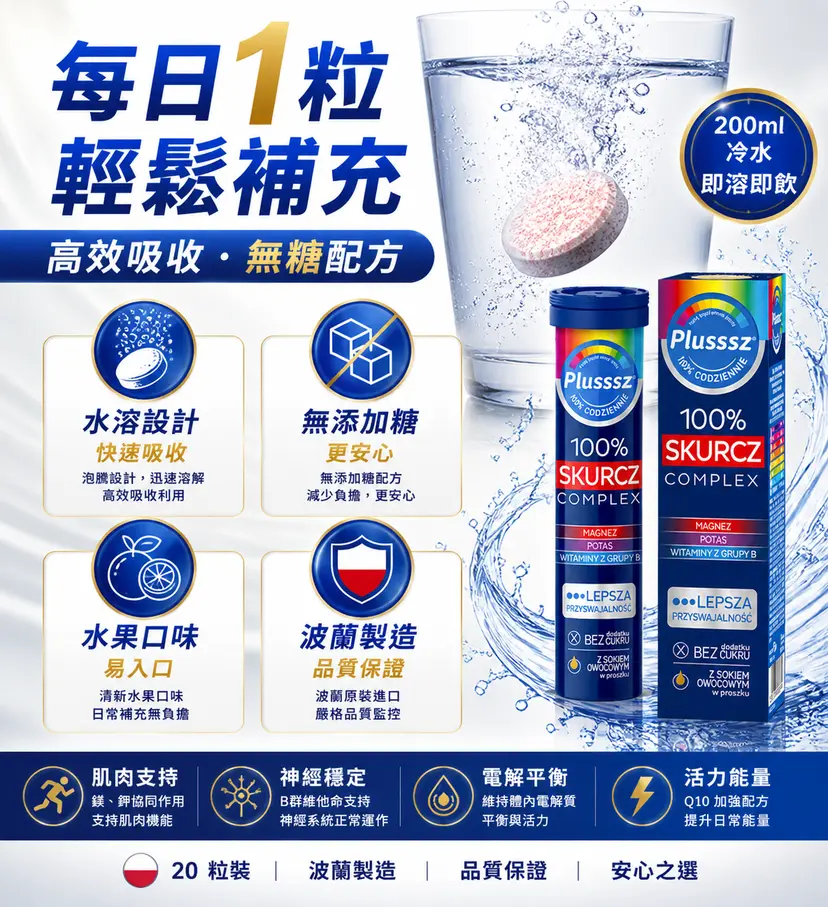 PLUSSSZ 鎂＋鉀＋維他命B群水溶片 橙子西柚味 20片裝產品資料圖 6
