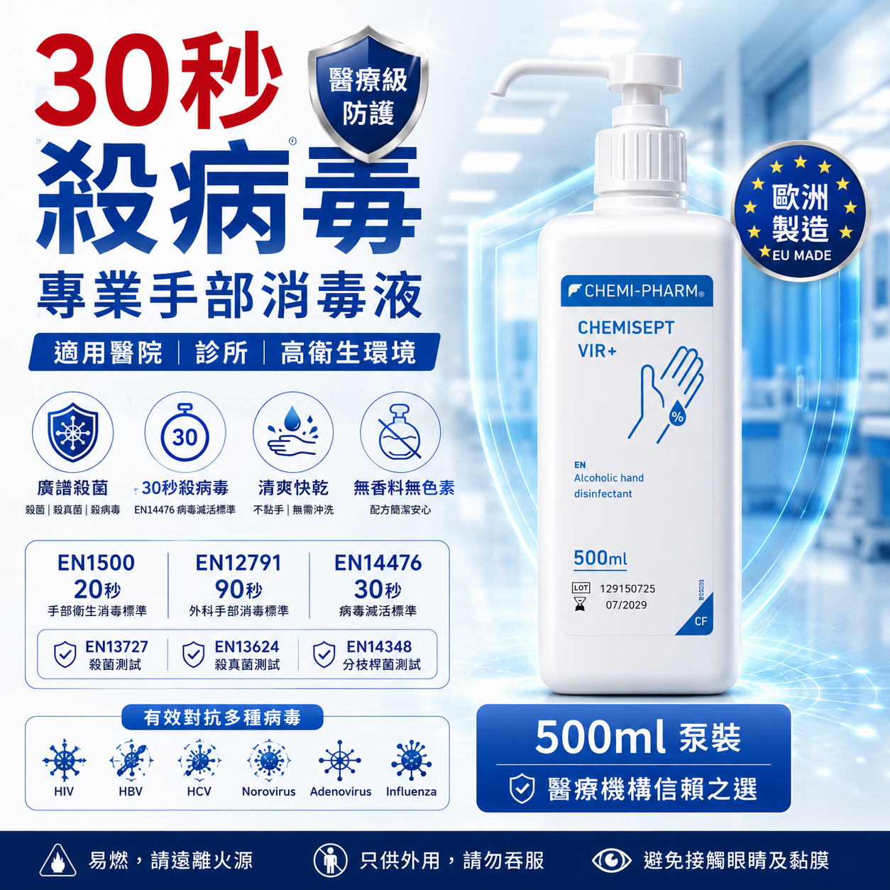 CHEMISEPT VIR 專業級酒精手部消毒液｜3種容量