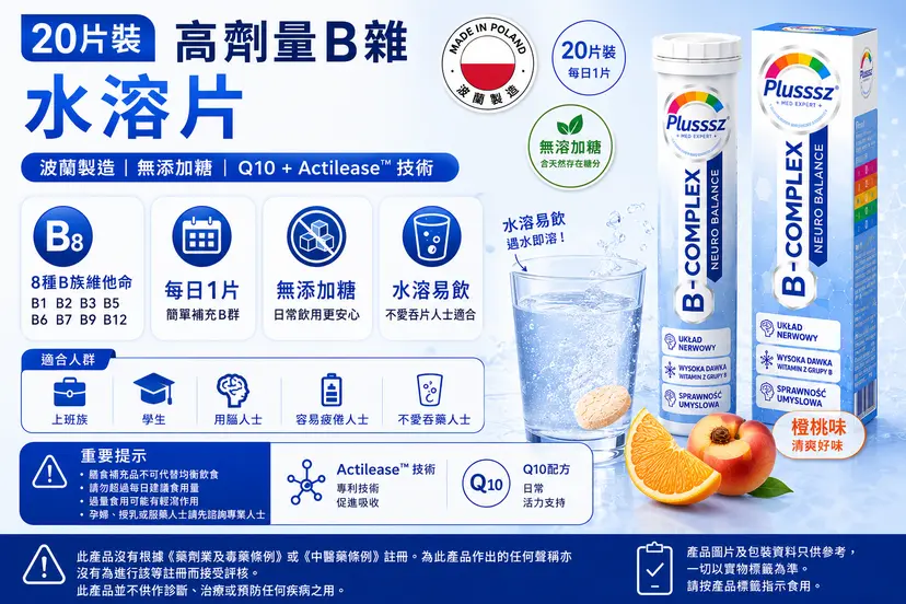 PLUSSSZ Neuro Balance 維他命B群水溶片 橙子水蜜桃味 20片裝產品資料圖 7