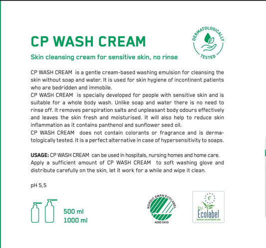 CP Wash Cream 溫和潔膚乳霜 500ml|免沖洗潔膚|含葡萄籽油+泛醇|適合失禁照護/敏感肌/臥床病人使用 #免沖洗潔膚乳|臥床清潔乳霜|乾性皮膚護理|長照清潔用品|照護潔膚乳|非沖洗護理