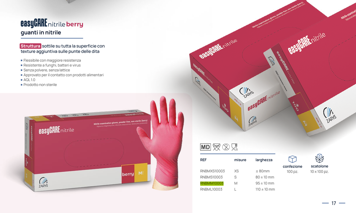 easyCARE 莓紅色丁腈檢查手套（中碼 M）｜無粉無乳膠｜食品級防護手套｜一次性醫療與清潔用途｜歐洲製造 AQL1.0 認證｜一次性丁晴手套｜100隻/盒