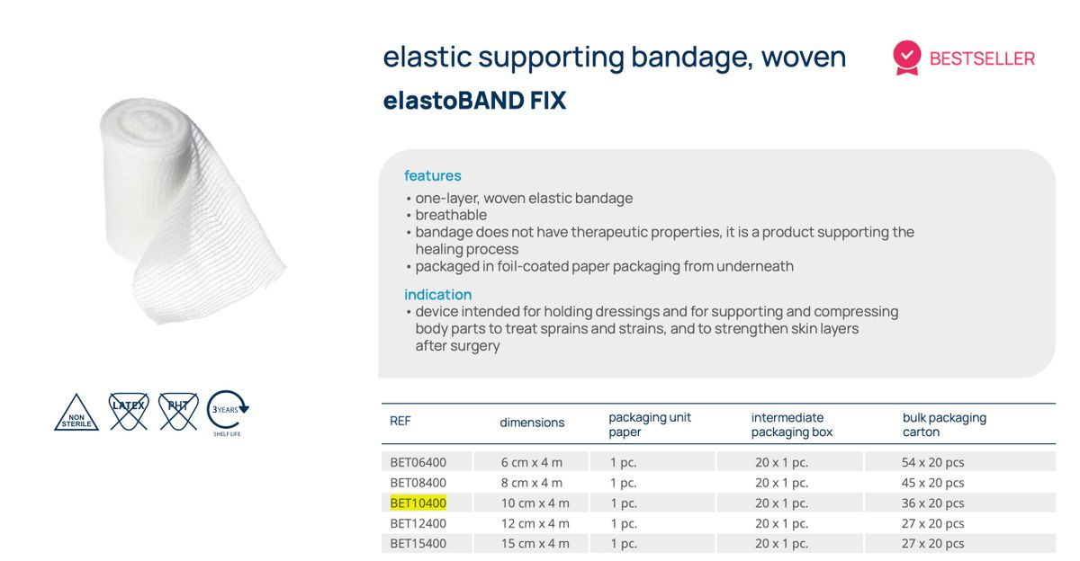 elastoBAND FIX 彈性支持繃帶 10cm x 4m｜術後包紮固定｜非無菌醫療彈力繃帶｜敷料包覆支撐｜歐盟製造｜適合家庭與醫療機構｜20卷/盒