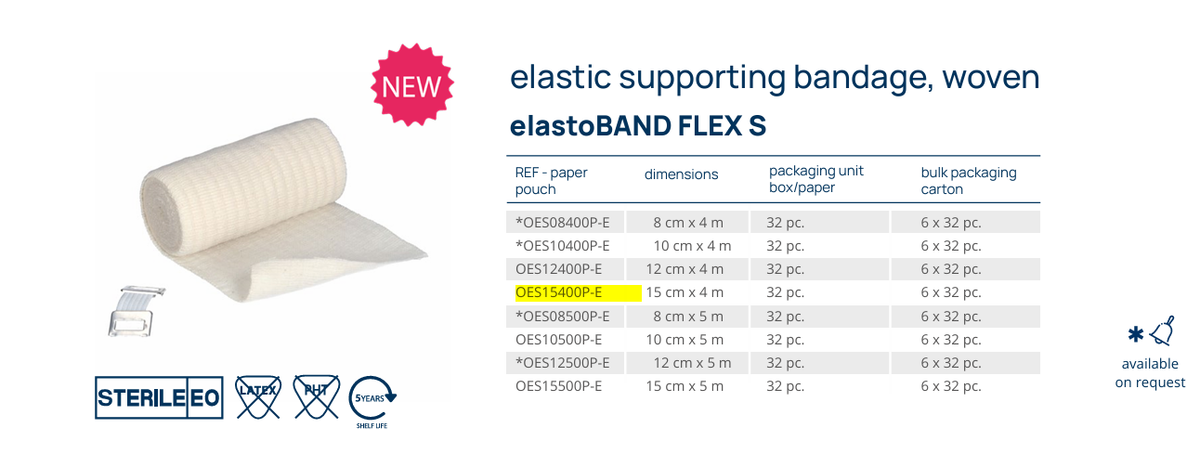 elastoBAND FLEX S 彈性繃帶 OES15400P-E｜15cm x 4m｜EO滅菌醫療包紮繃帶｜大面積術後敷料固定用｜無乳膠高彈力繃帶｜歐洲製造｜1卷