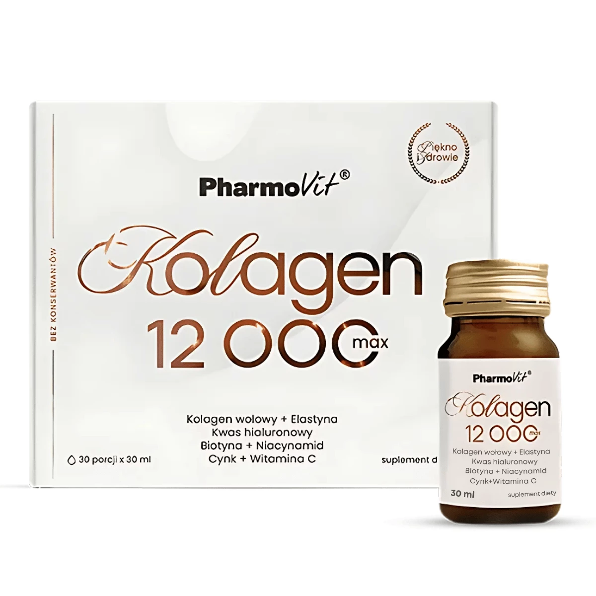 Pharmovit 膠原蛋白 12000 Max 液態飲｜歐洲製造・高濃度水解膠原蛋白・添加維他命C、鋅與玻尿酸・促進膚質緊緻與頭髮指甲健康・每日1瓶維持自然彈性｜平行進口｜31-10-2026