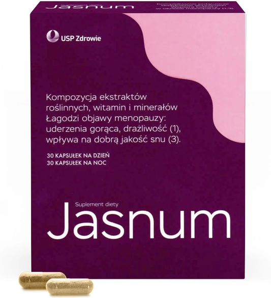 Jasnum 更年期女性專用雙效配方膠囊｜日夜配方・歐洲製造・含紅三葉草與啤酒花萃取・維他命C、B12、D及葉酸調理配方・支持心理平衡與睡眠品質｜平行進口｜03-2027