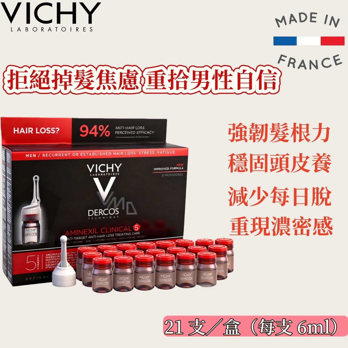 VICHY DERCOS MEN 男士頭皮強韌安瓶（21 x 6ml）｜歐洲製造・Aminexil™ + 維他命B群複合配方・強化髮根・維持頭皮健康・日常護理｜平行進口