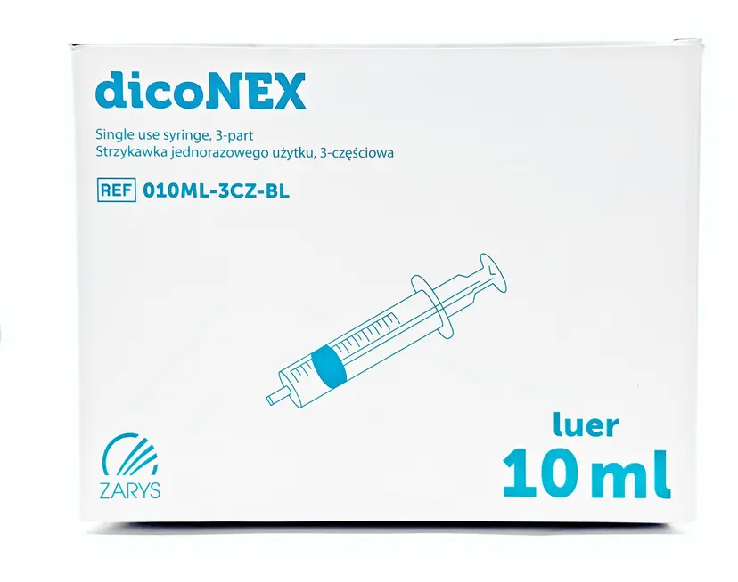 dicoNEX 10ml Three-Piece Disposable Syringe | Luer Slip | EO Sterile | Latex & DEHP Free | 100 Pack
