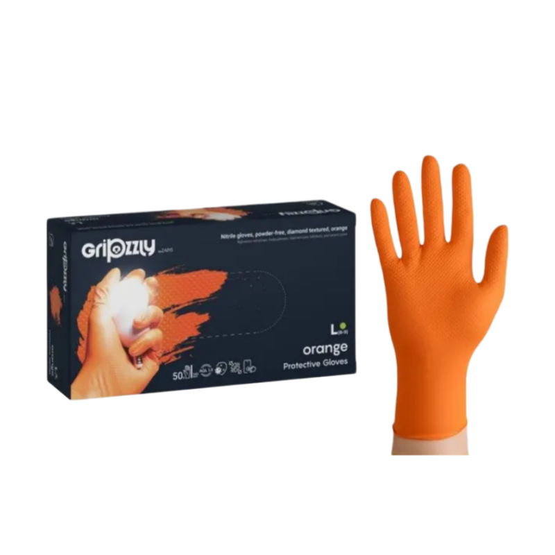 Gripzzly 工業級丁腈手套50隻｜鑽石紋防滑高抓握（橙色 M/L）