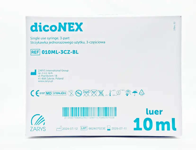 dicoNEX 10ml Three-Piece Disposable Syringe | Luer Slip | EO Sterile | Latex & DEHP Free | 100 Pack