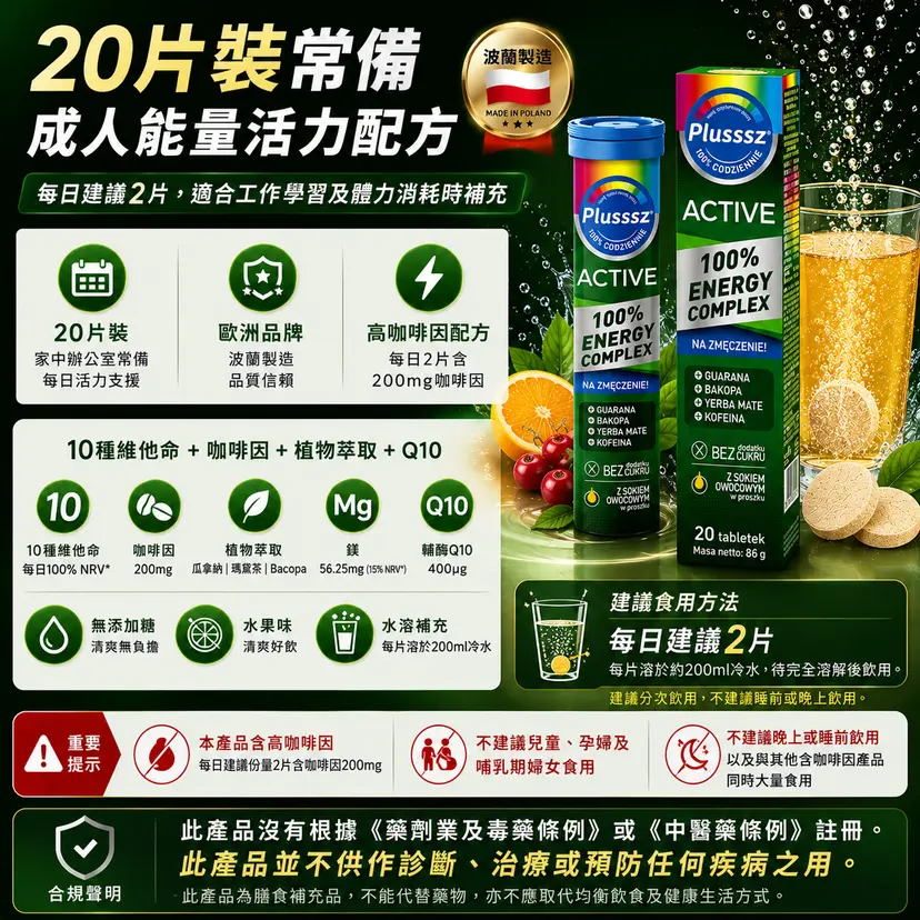PLUSSSZ Active 100% Energy Complex 能量水溶片 水果味 20片裝產品資料圖 5