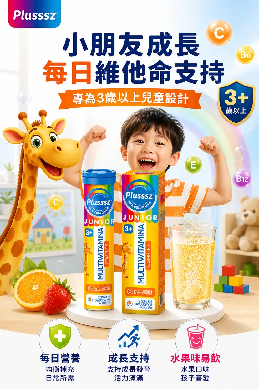 PLUSSSZ 兒童多重維他命水溶片 熱帶水果味 20片裝產品資料圖 4