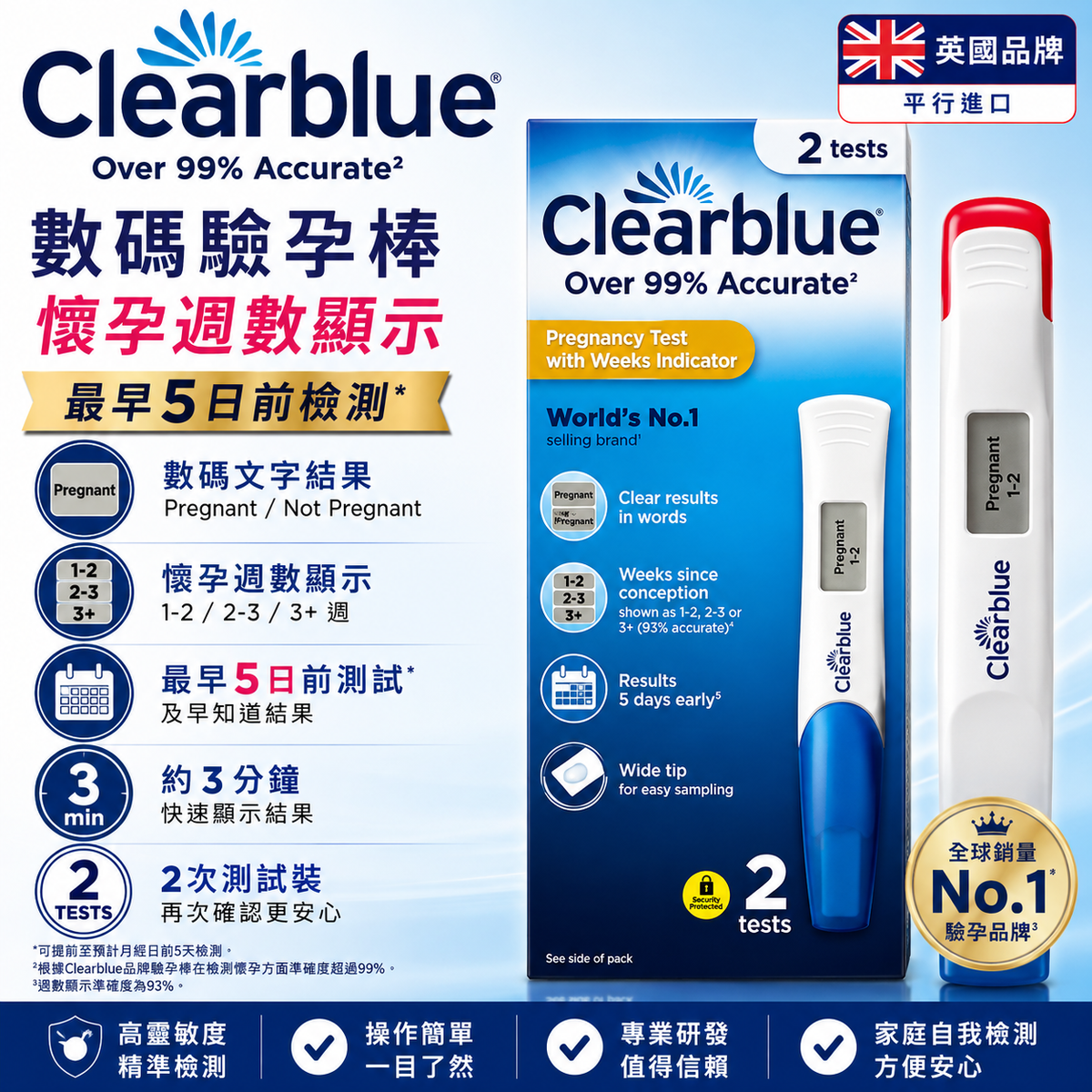 Clearblue Digital 數碼驗孕棒連懷孕週數顯示｜2次