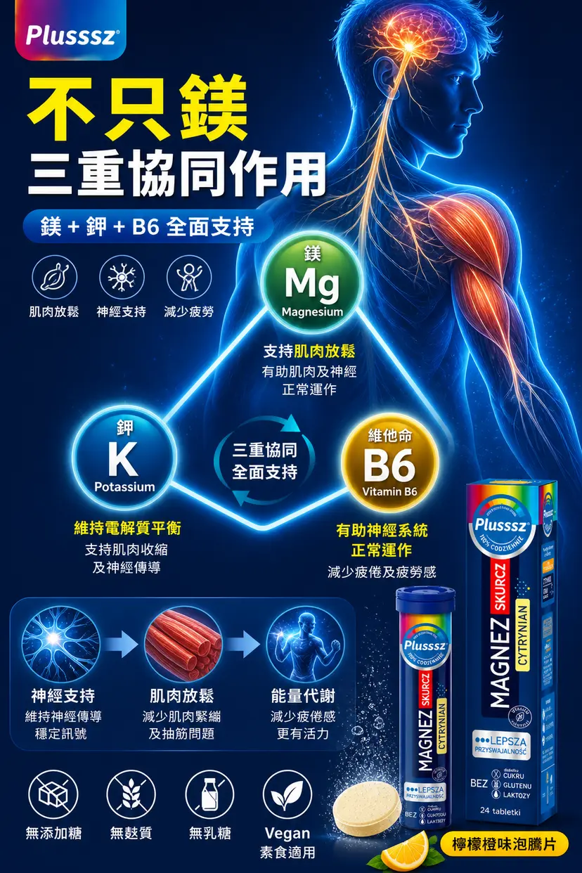 PLUSSSZ 鎂＋鉀＋維他命B6水溶片 檸檬橙味 24片裝產品資料圖 5